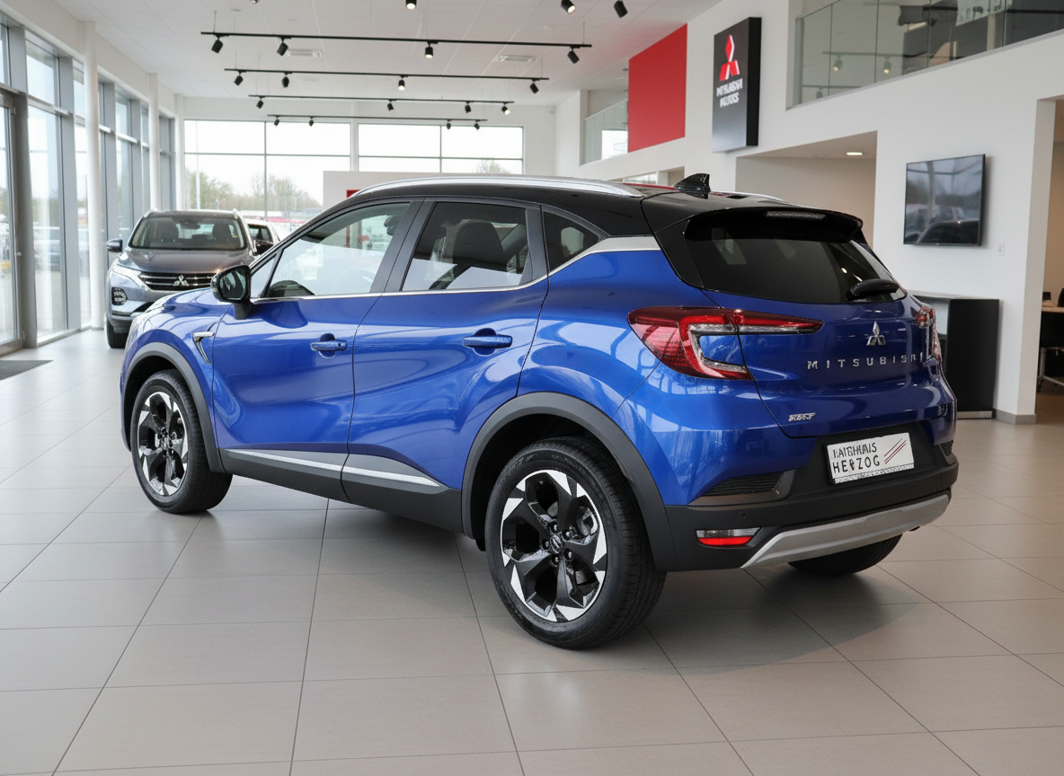 Mitsubishi ASX in Blau metallic – Heckansicht im Autohaus Herzog Showroom