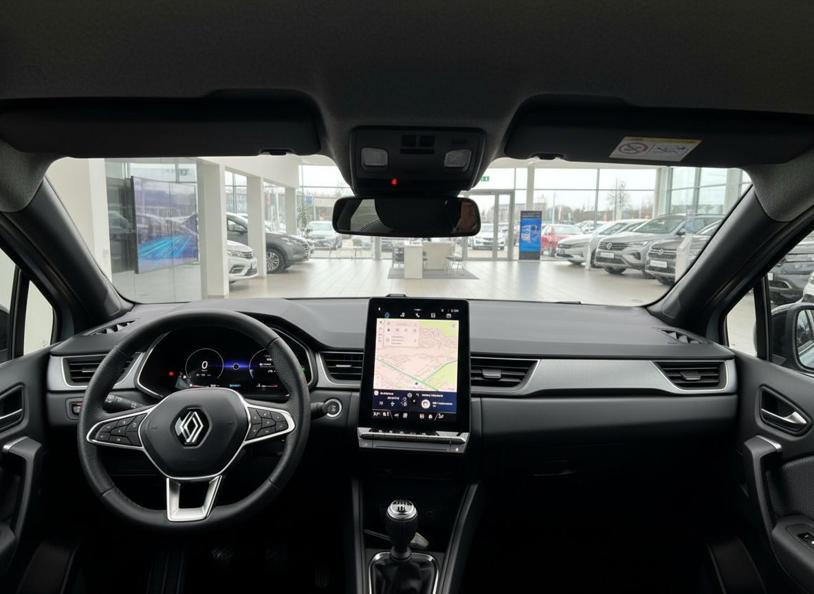 Renault Innenraum mit digitalem Cockpit und Touchscreen-Navigation, Schaltgetriebe sichtbar
