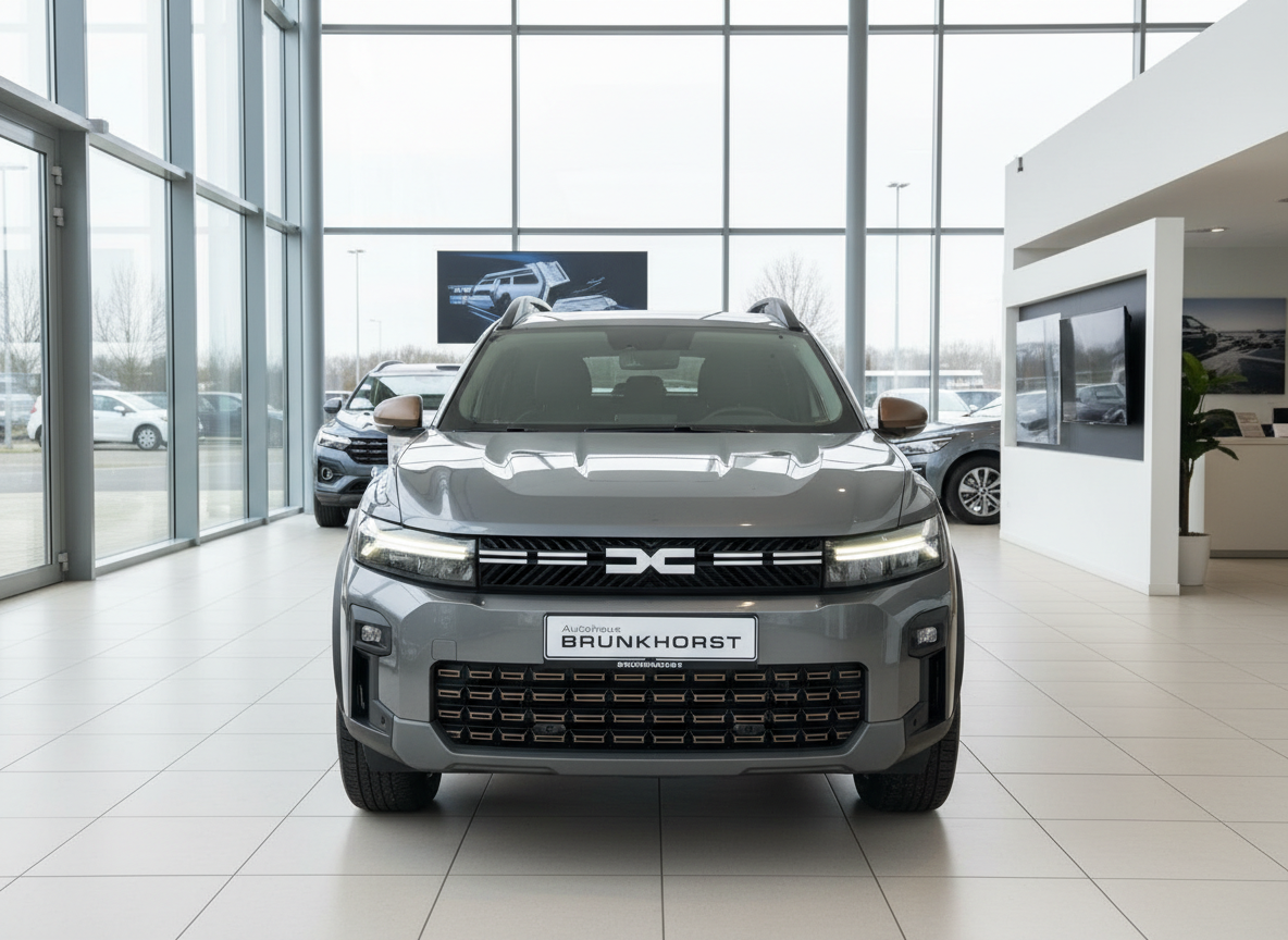 Grauer Dacia Duster Neuwagen Frontansicht im Autohaus Brunkhorst Showroom