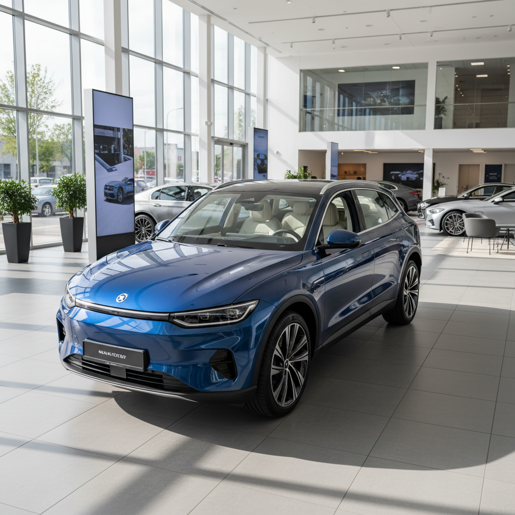 Blauer Elektro-SUV im modernen Autohaus-Showroom, Frontansicht schräg