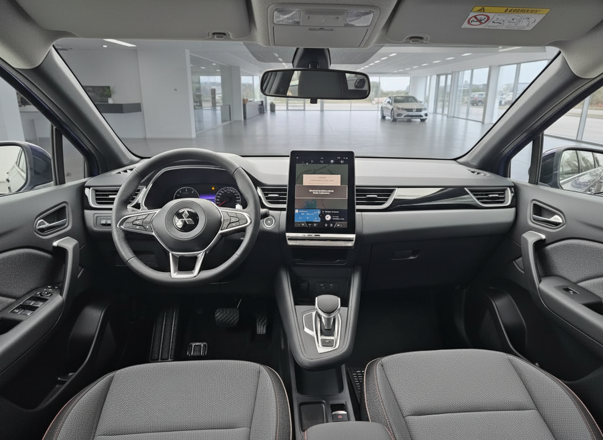 Mitsubishi Innenraum mit Lenkrad, digitalem Touchscreen und grauem Ledersitzen im Autohaus