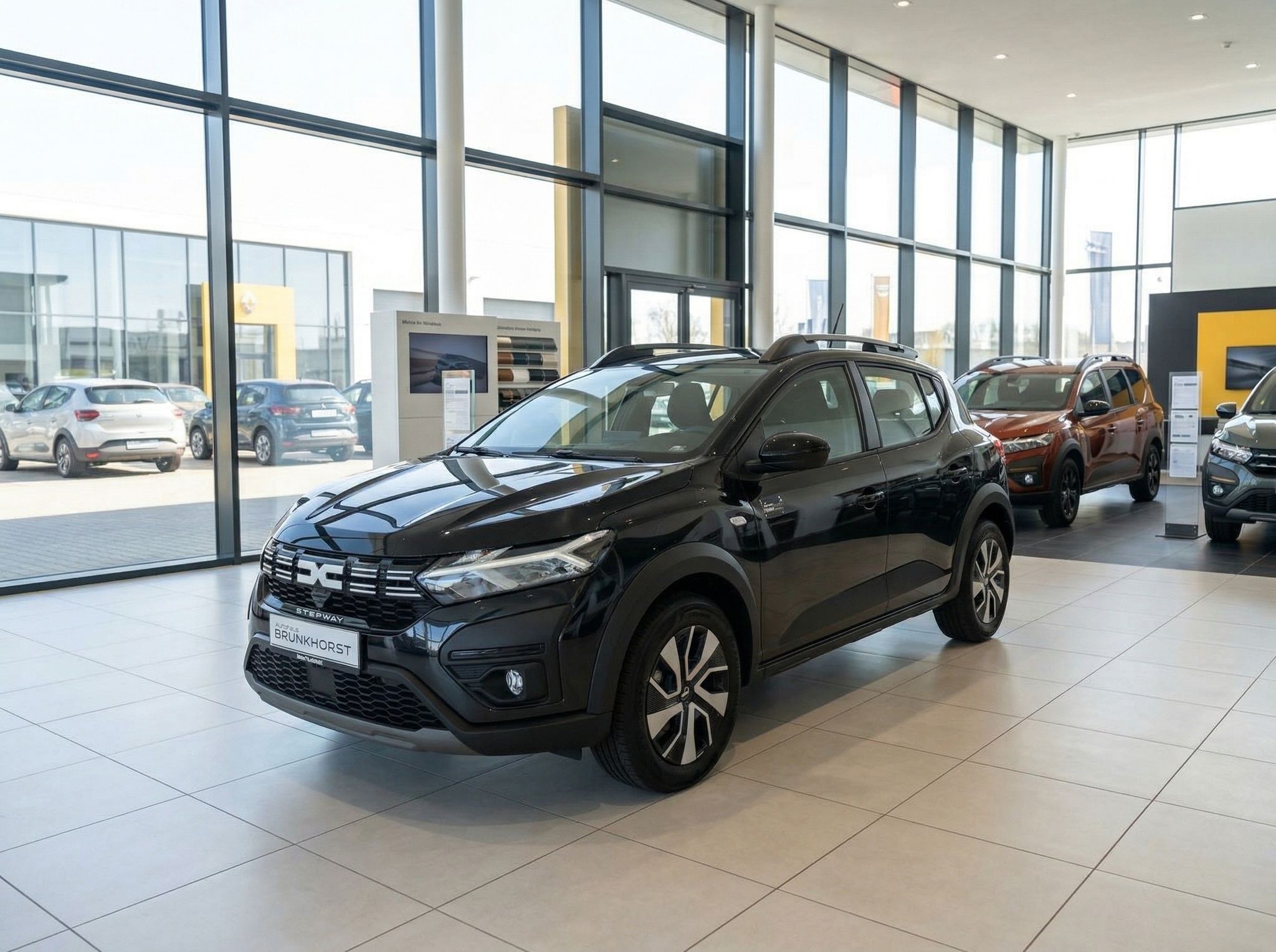 Schwarzer Dacia Sandero Stepway SUV im Autohaus Showroom - Seitenansicht