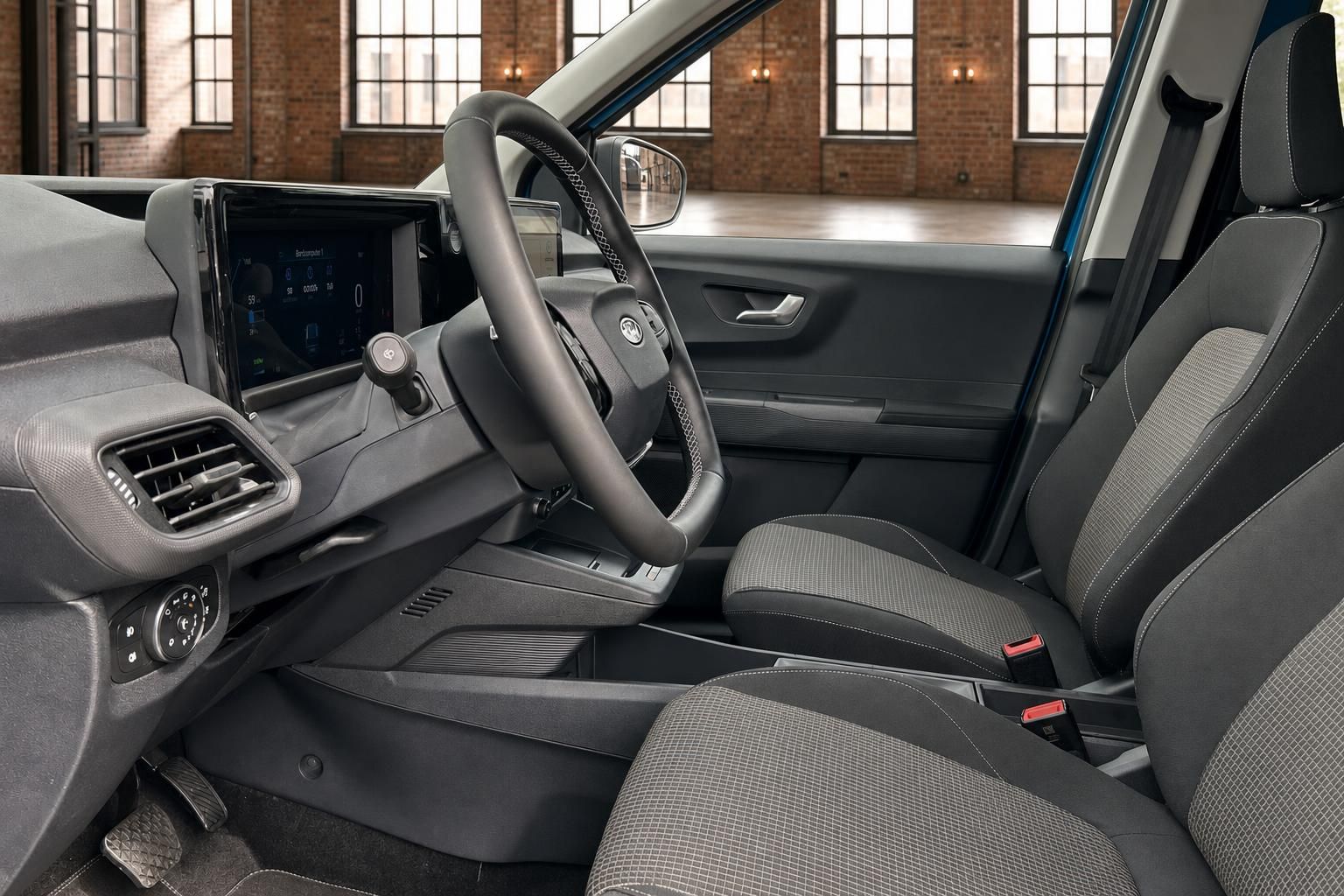 Ford Innenraum mit Cockpit, Lenkrad und Vordersitzen in Grau