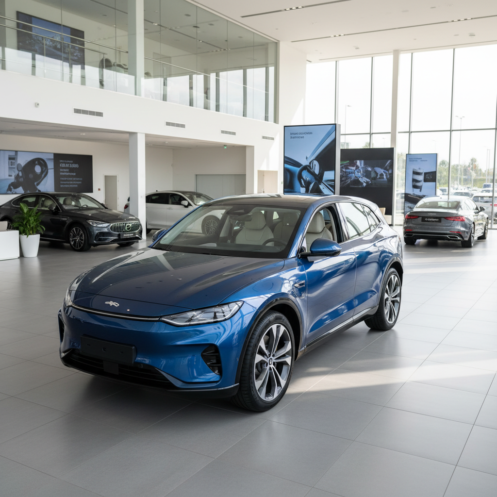 Blauer Elektro-SUV im modernen Autohaus-Showroom, Frontansicht