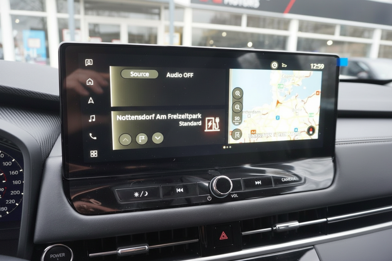 Fahrzeug Infotainment-Display mit Navigation und Ladestations-Anzeige Nottensdorf