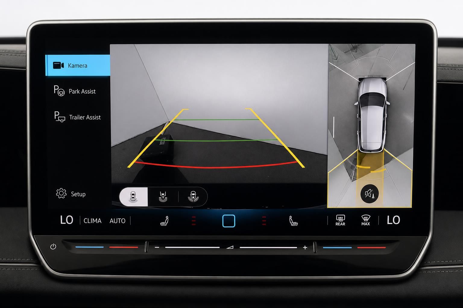 VW Infotainment-Display mit Rückfahrkamera und Parkassistent-Ansicht