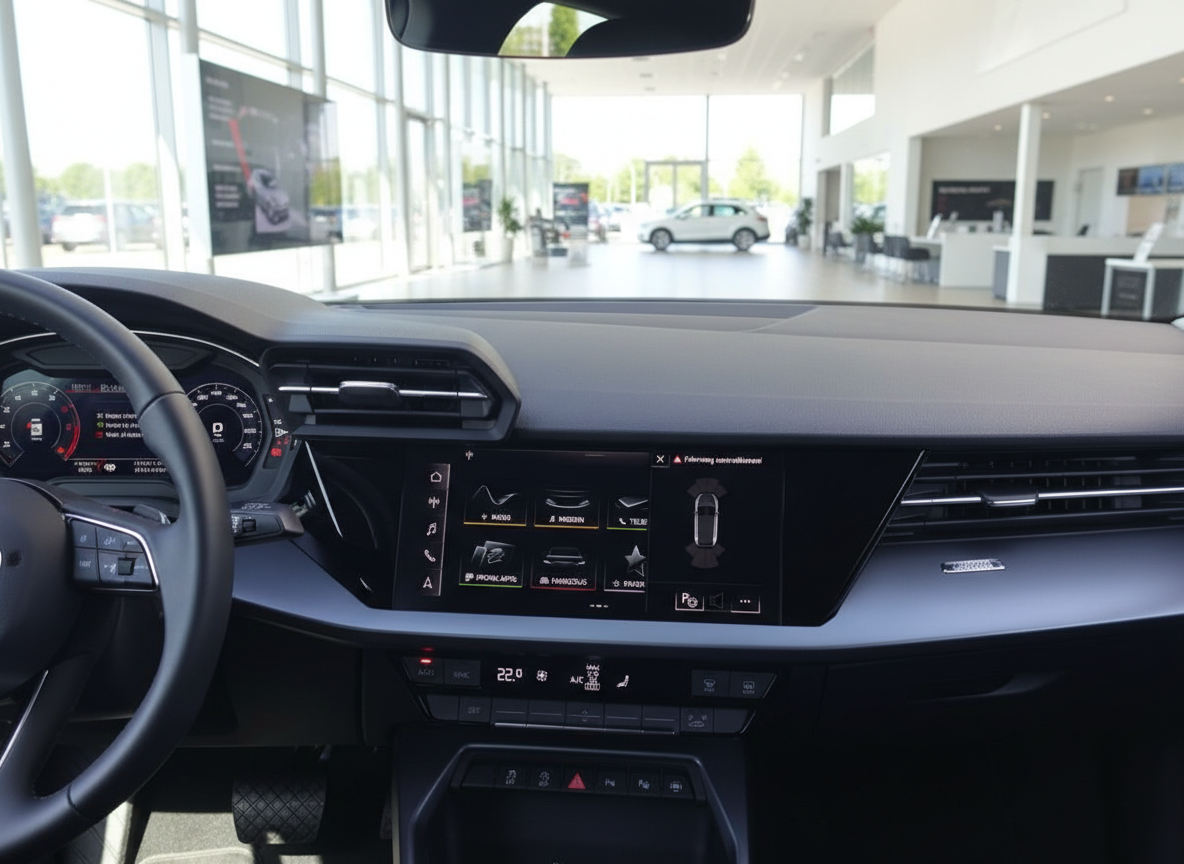 Audi Innenraum mit MMI Touchscreen und digitalem Kombiinstrument im Autohaus