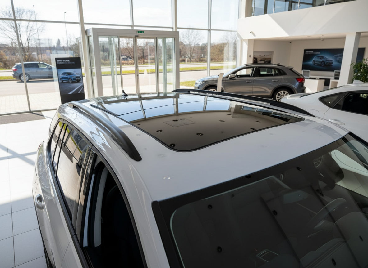 Weißes SUV mit Panoramadach in einem Audi-Autohaus Showroom