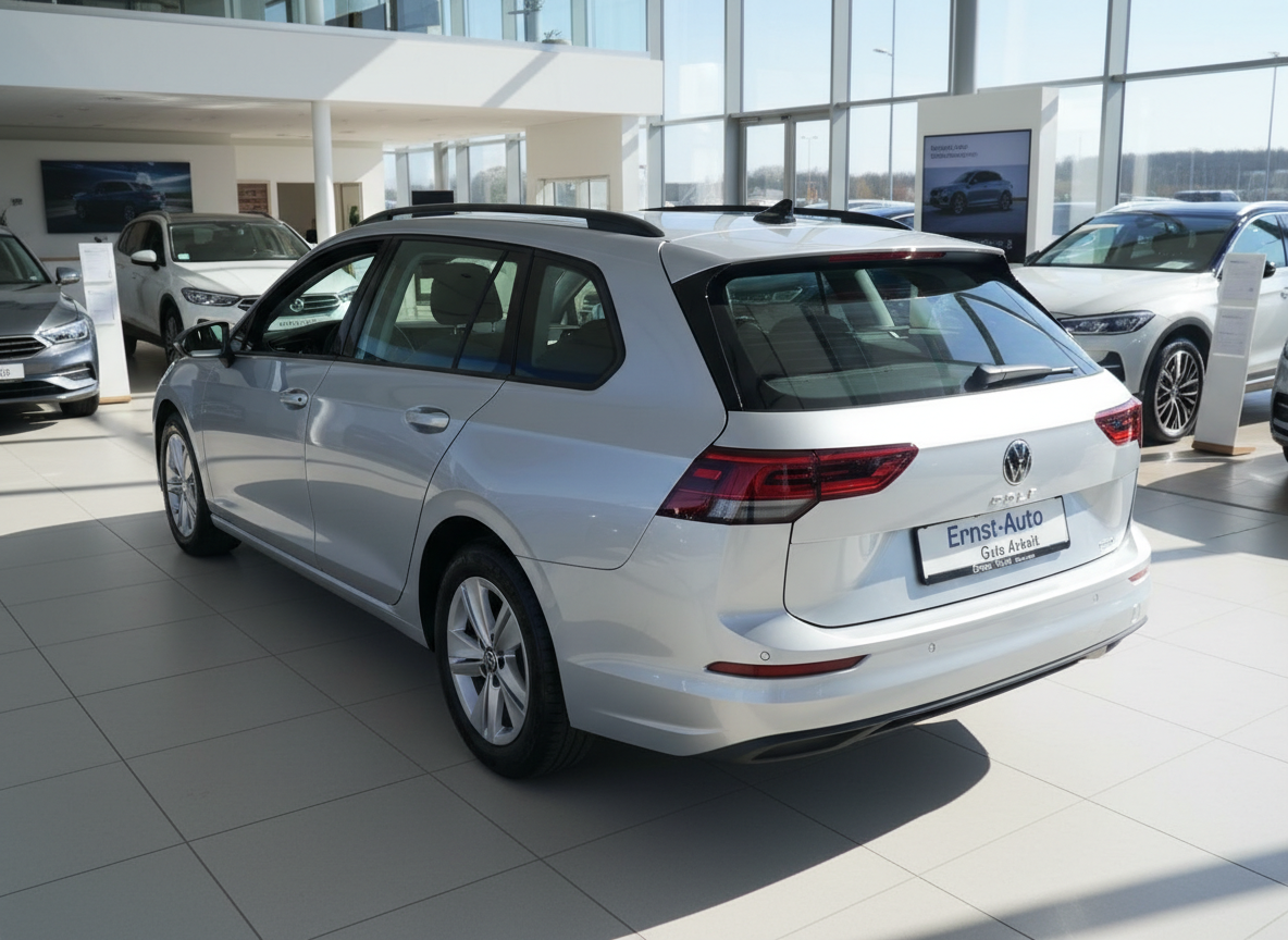 Silberner VW Golf Variant Kombi Heckansicht im Autohaus Ernst-Auto