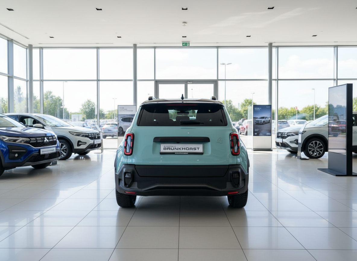 Mintgrüner Renault 4 E-Tech SUV Heckansicht im Autohaus Brunkhorst Showroom