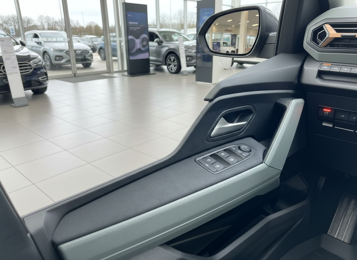 VW Fahrzeug Innenraum Fahrertür mit Fensterheber-Schaltern und Außenspiegel im Autohaus