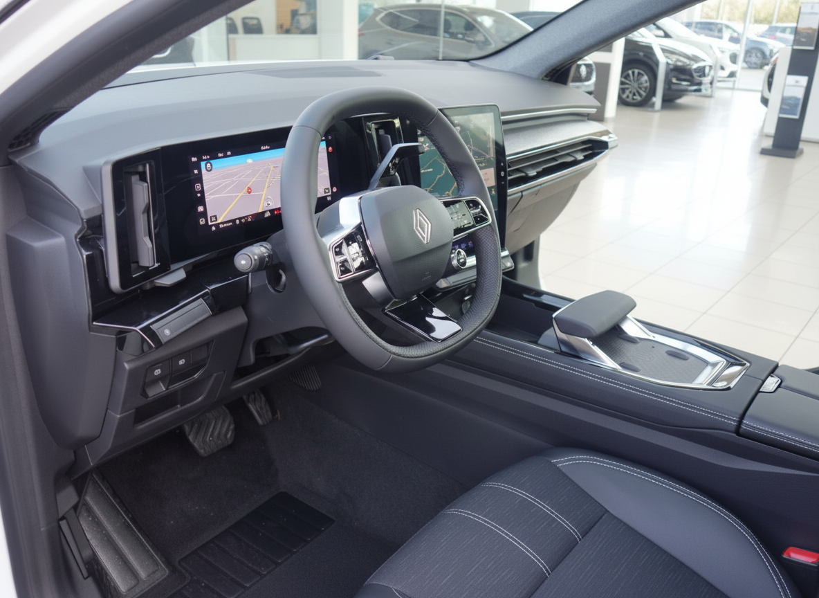 Renault Innenraum mit digitalem Cockpit, Lenkrad und Navigationssystem in modernem Design