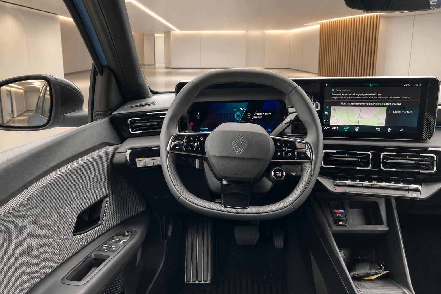 Renault 4 Cockpit mit Lenkrad, Multimediadisplay und Google Assistant