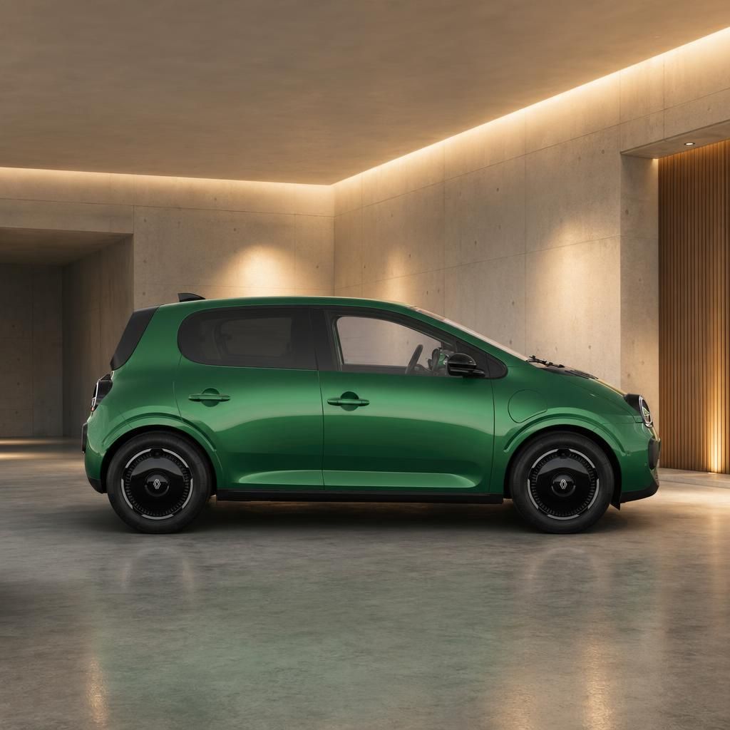 Grüner Kleinwagen in moderner Garage - Seitenansicht des kompakten Elektroautos