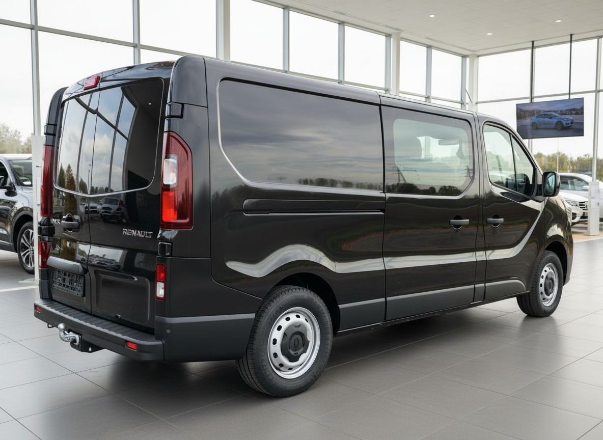 Schwarzer Renault Trafic Kastenwagen Seitenansicht im Autohaus