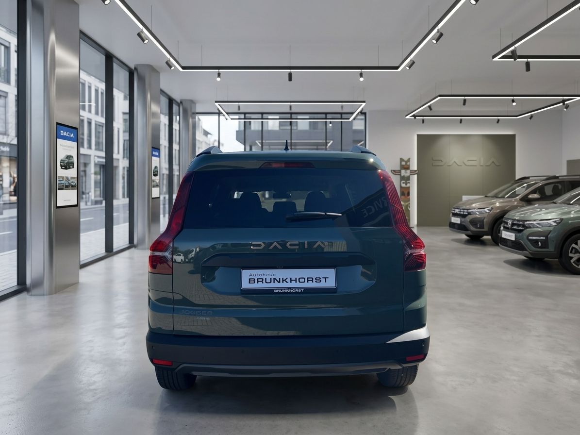 Blauer Dacia SUV Heckansicht im Autohaus-Showroom mit Dacia-Logo