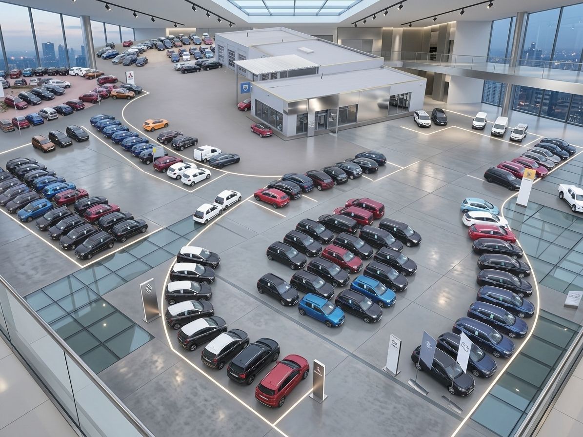 Autohaus-Showroom Übersicht mit verschiedenen Fahrzeugmodellen in großer Ausstellungshalle