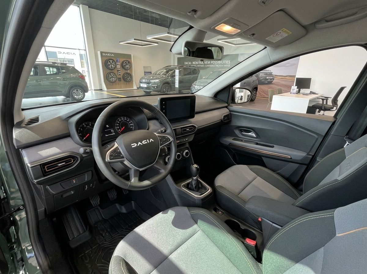 Dacia Fahrzeug Innenraum mit schwarzem Cockpit und Infotainment-Display