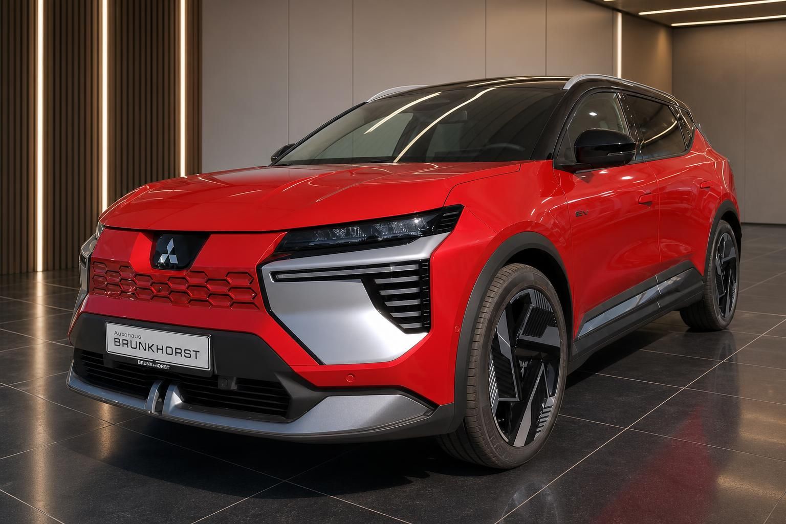 Mitsubishi Eclipse Cross EV in Rot, Frontansicht schräg im Showroom