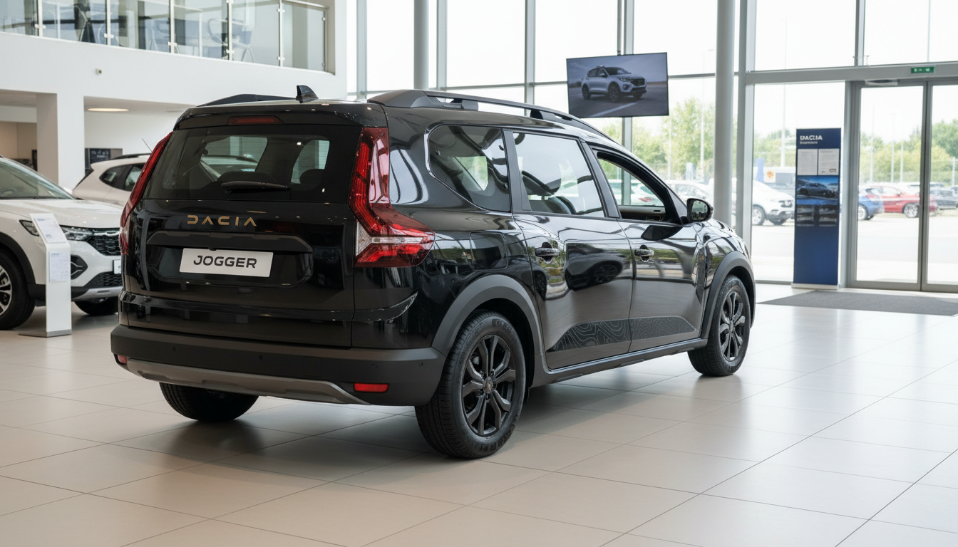 Schwarzer Dacia Jogger Heckansicht im Autohaus Showroom mit dunklen Felgen