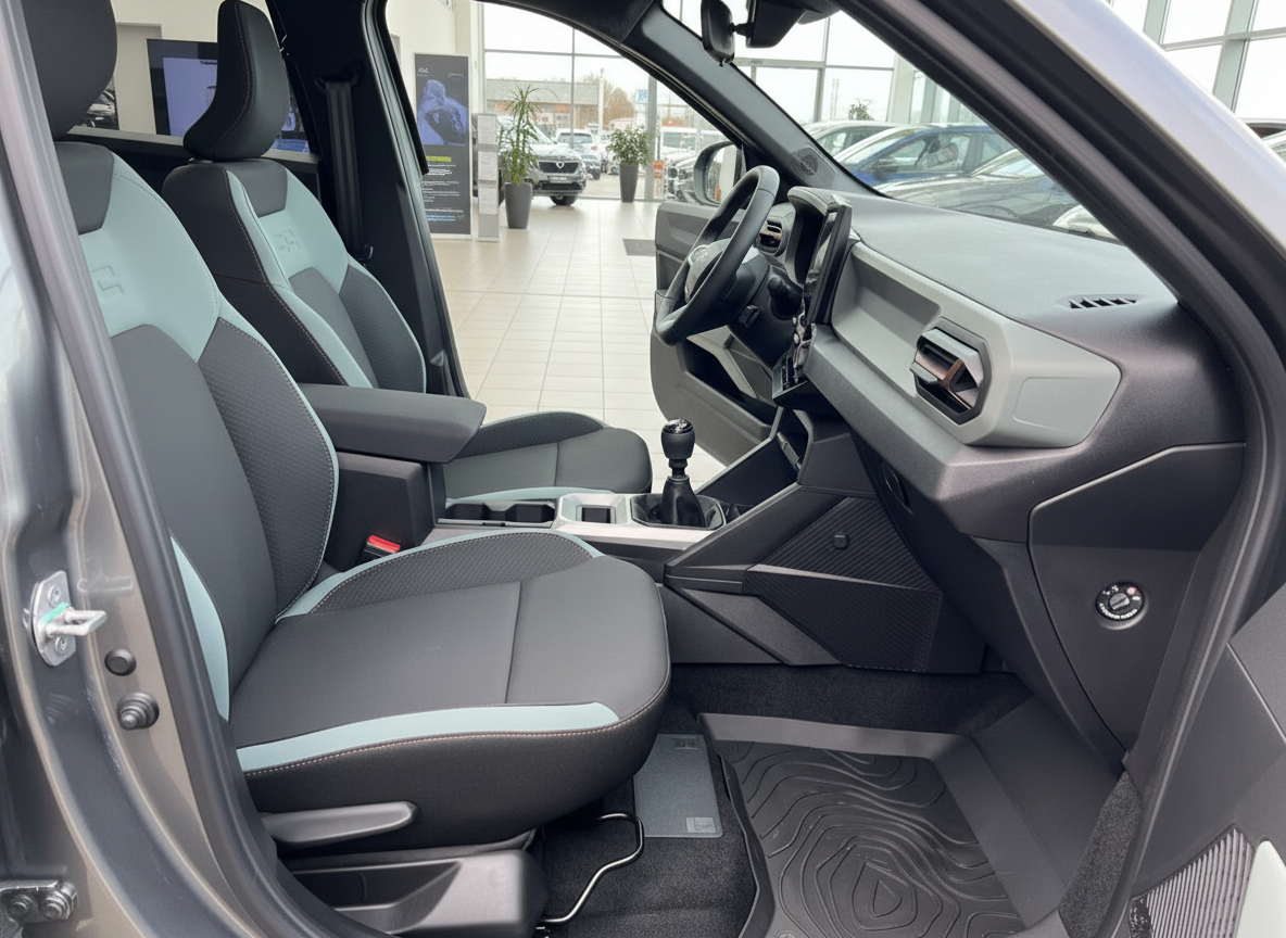 Dacia Duster Innenraum mit zweifarbigen Sportsitzen in Grau-Mint und Schaltgetriebe