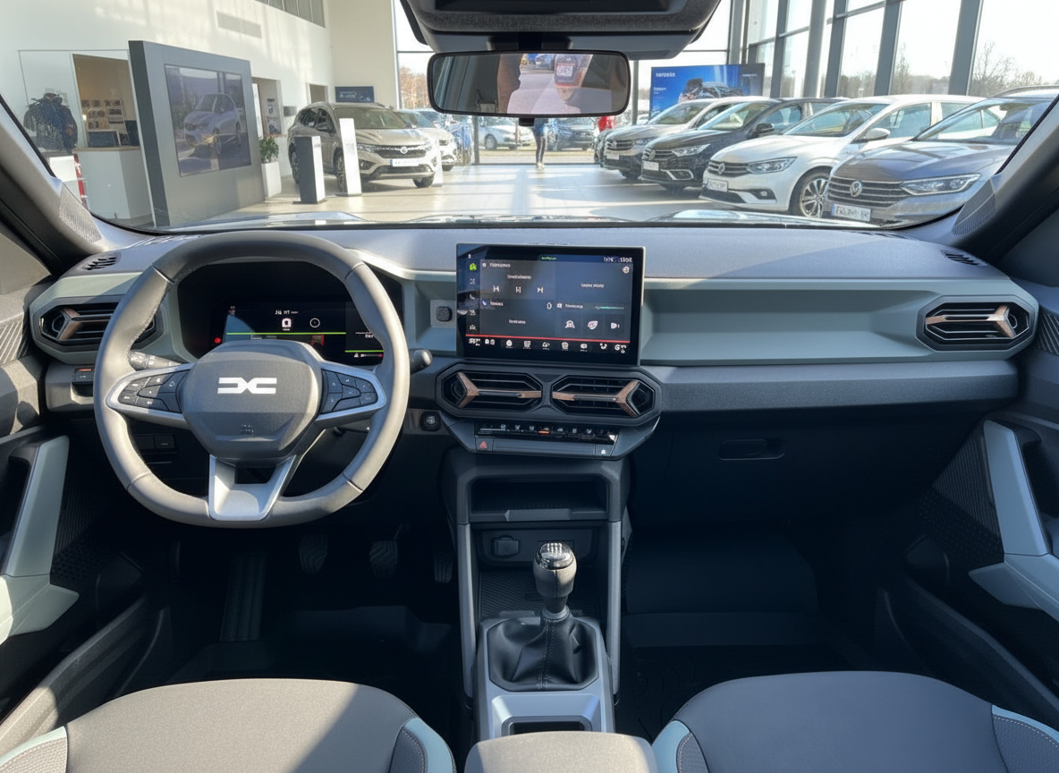 Dacia Innenraum mit Lenkrad, Infotainment-Display und Schaltgetriebe im Autohaus