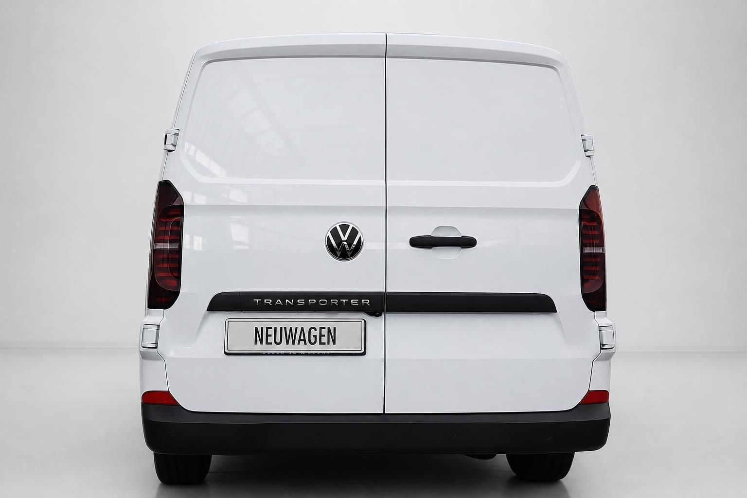 VW Transporter Neuwagen weiß, Heckansicht im Studio