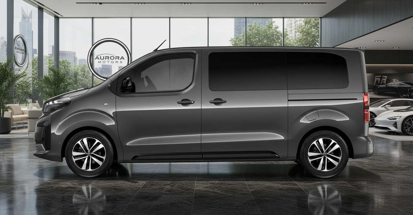 Dunkelgrauer Aurora Motors Transporter Van Seitenansicht im modernen Autohaus Showroom mit großen Fenstern und Stadtpanorama