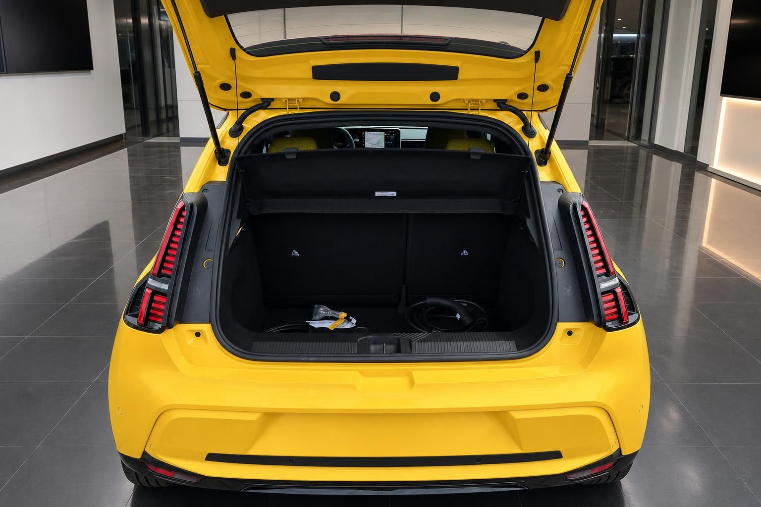 Gelbes Elektroauto Kofferraum geöffnet mit Laderaum und Ladekabel von hinten