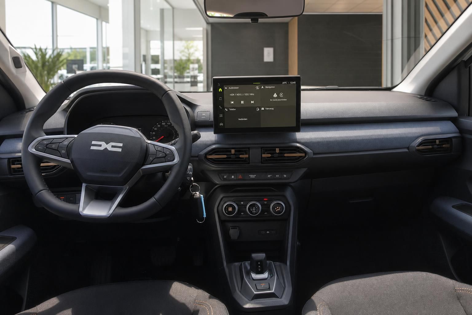Dacia Innenraum Cockpit mit Lenkrad, Touchscreen-Navigation und Automatikgetriebe
