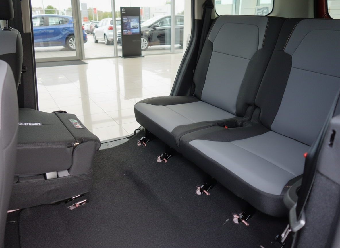 Fahrzeuginnenraum mit flexiblen Sitzen und modularer Sitzanordnung in einem Autohaus