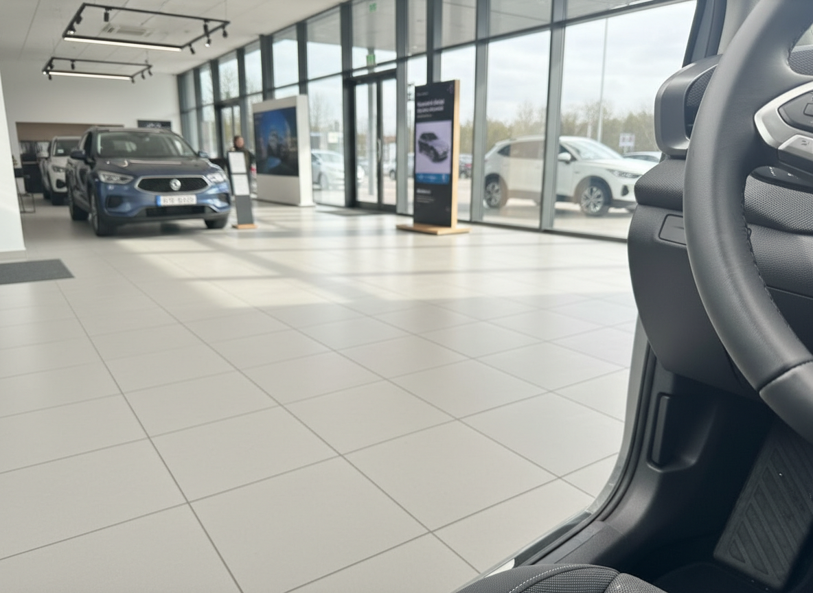 Škoda Autohaus Innenraum mit blauem SUV-Modell im Showroom