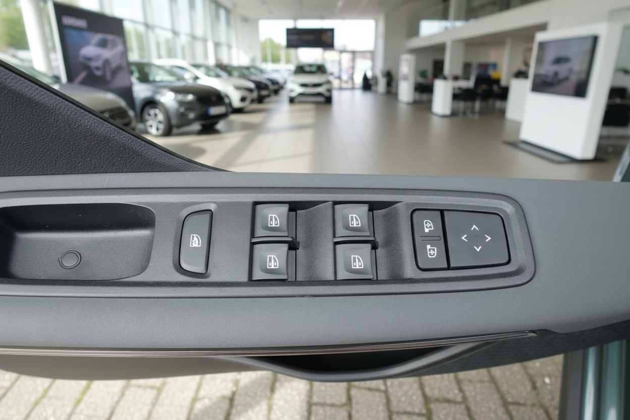 Fahrzeugtür Innenraum mit elektrischen Fensterheber-Schaltern und Spiegelverstellung im Autohaus