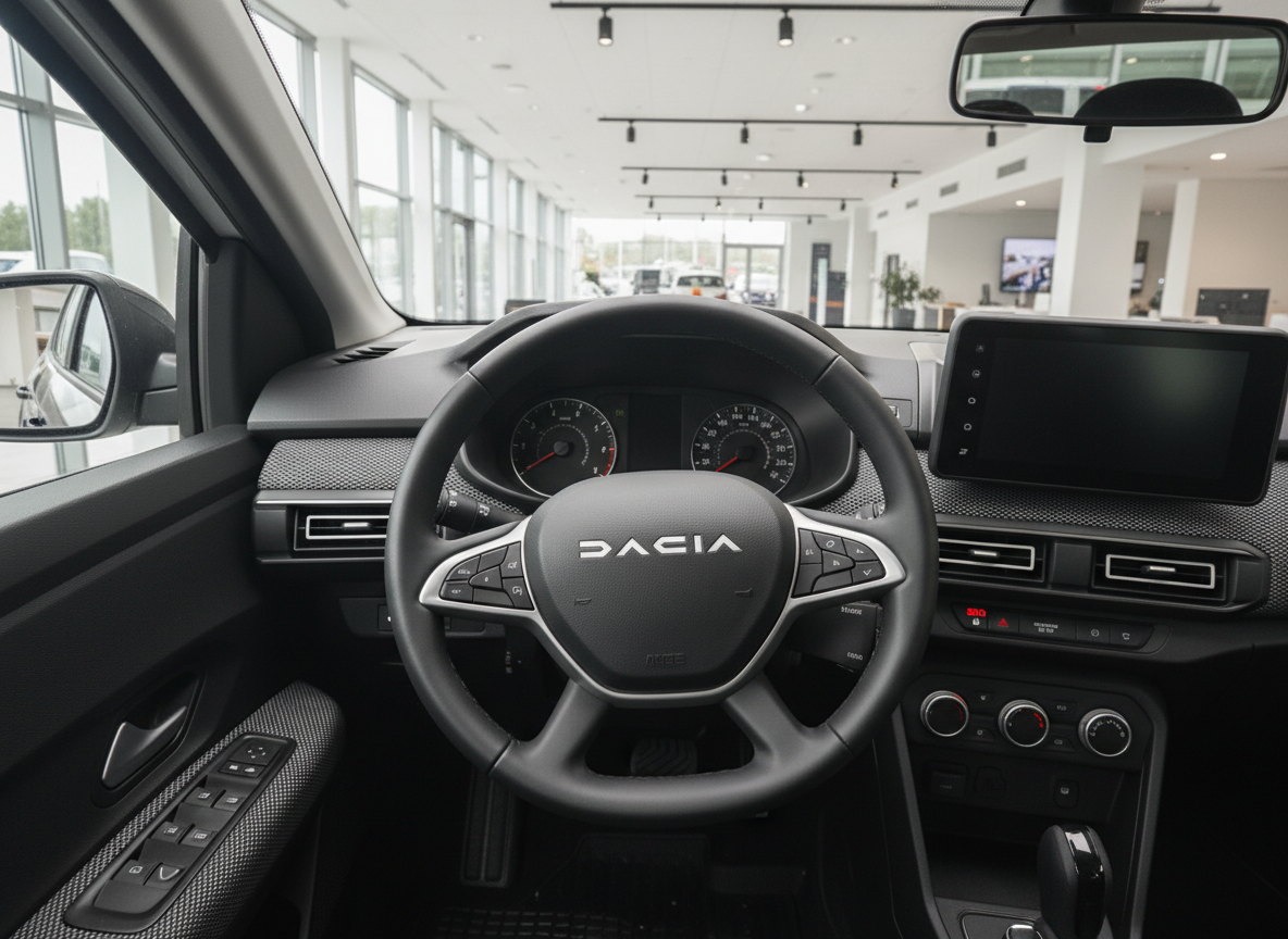 Dacia Innenraum mit Lenkrad, Armaturenbrett und Infotainment-Display im Autohaus