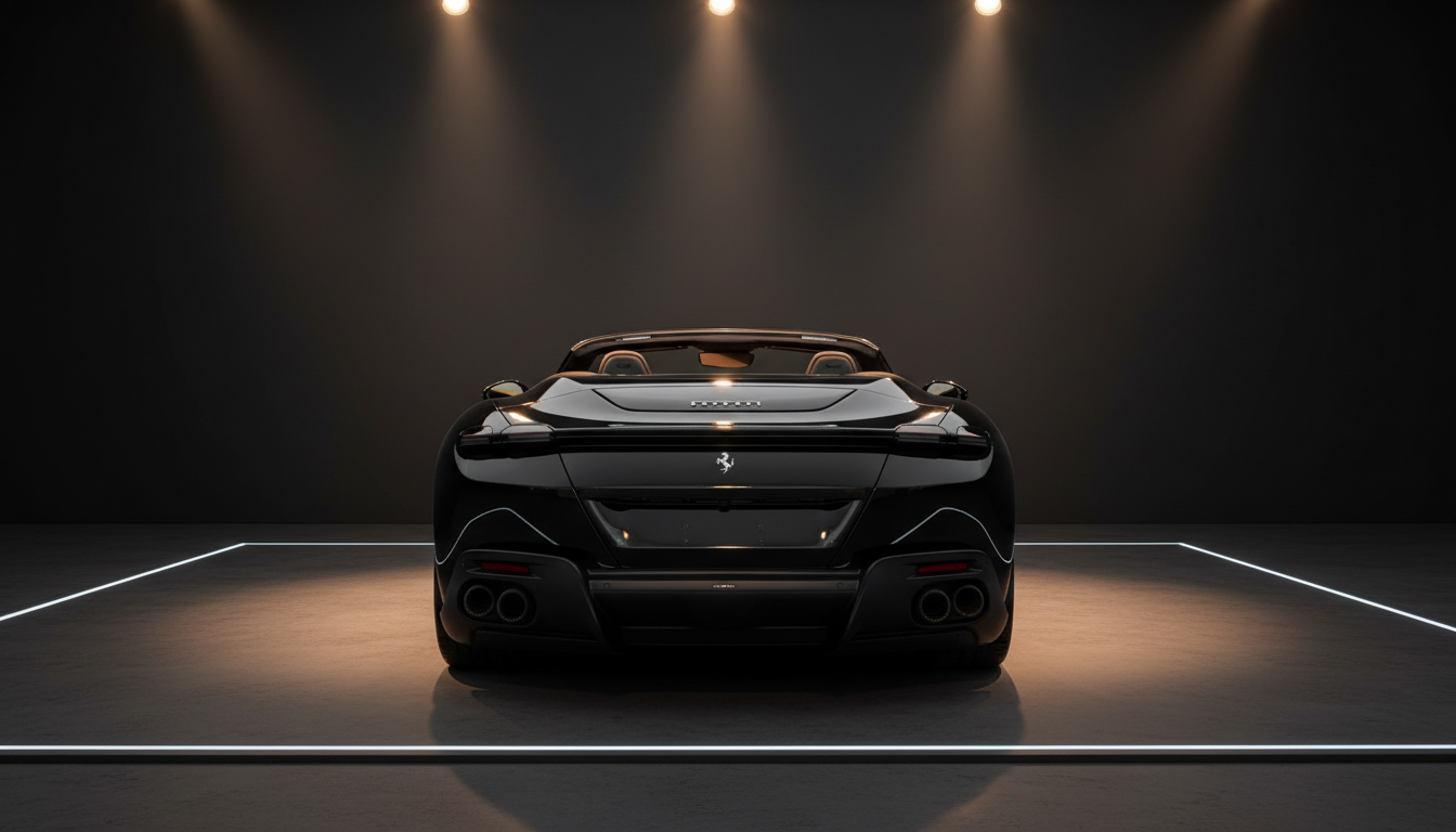 Schwarzer Ferrari Cabrio Sportwagen von hinten in dunklem Showroom mit dramatischer Beleuchtung und brauner Lederausstattung