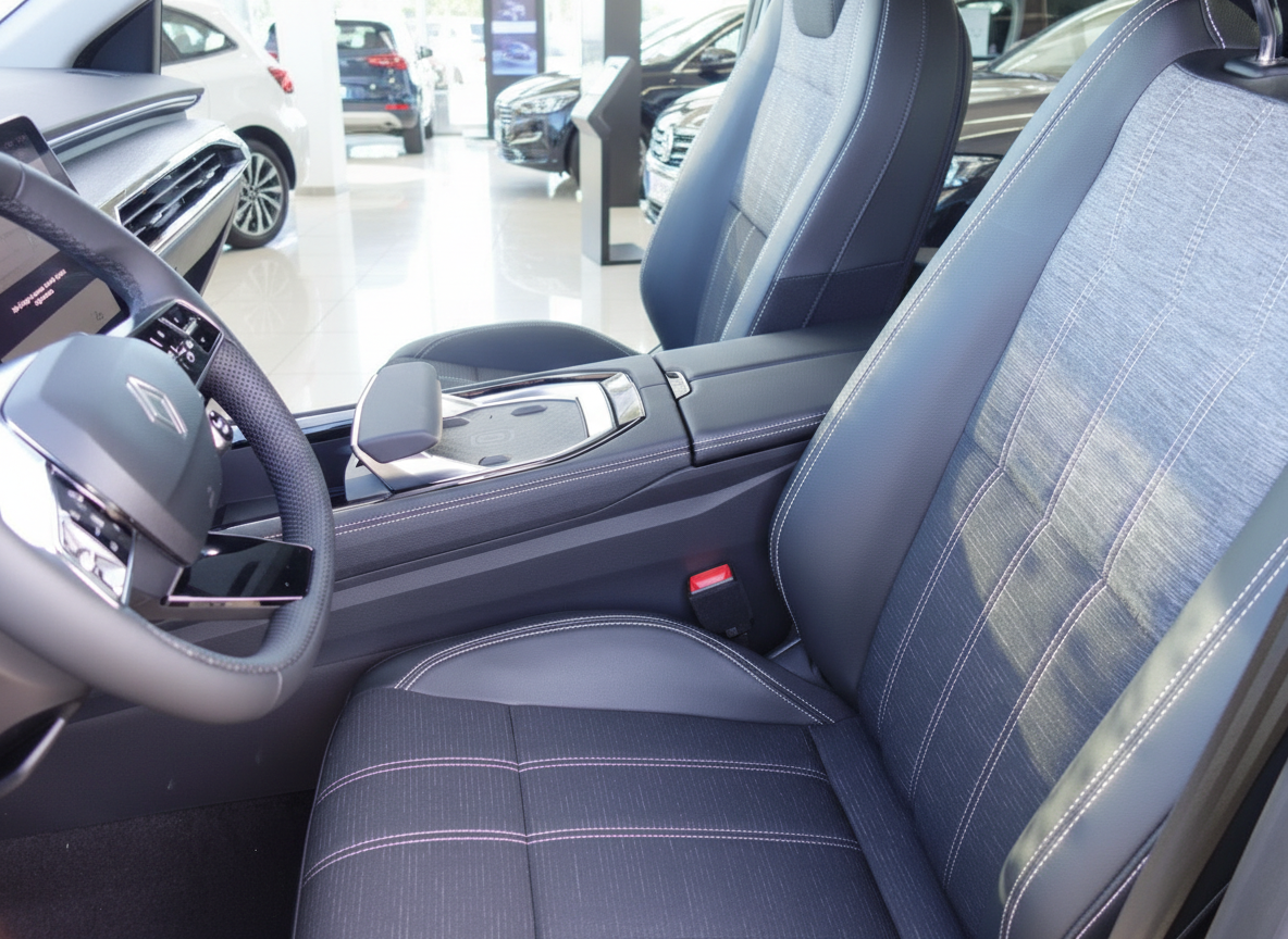 BMW Innenraum mit blauen Ledersitzen, Lenkrad und Mittelkonsole im Autohaus