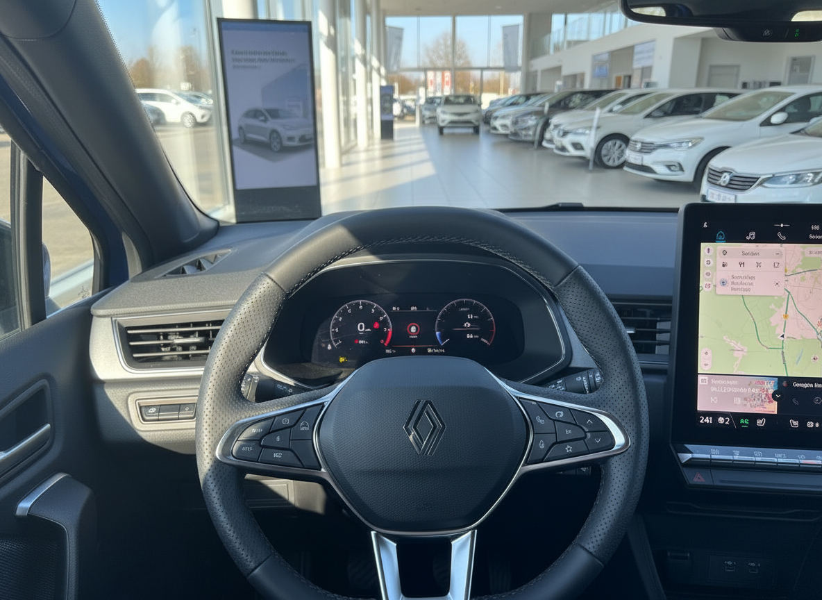 Renault Innenraum mit Lenkrad, digitalem Kombiinstrument und Navigationsdisplay im Autohaus