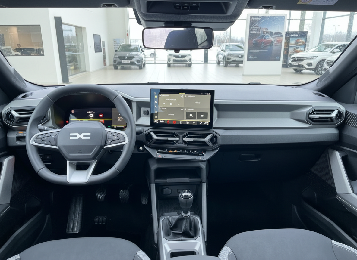 Dacia Innenraum mit digitalem Cockpit, Touchscreen-Infotainment und Schaltgetriebe
