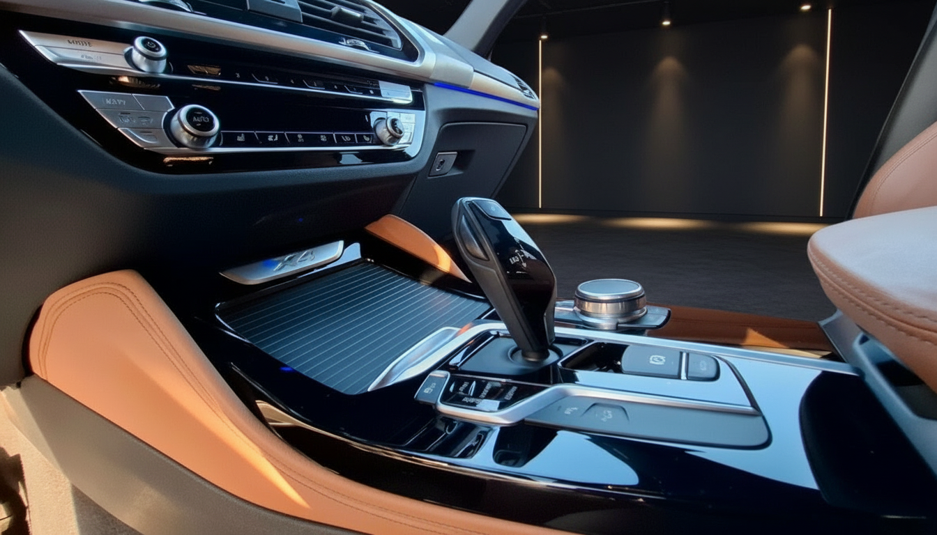 BMW X4 Innenraum mit Mittelkonsole, Schaltknauf und Ledersitzen in Cognac