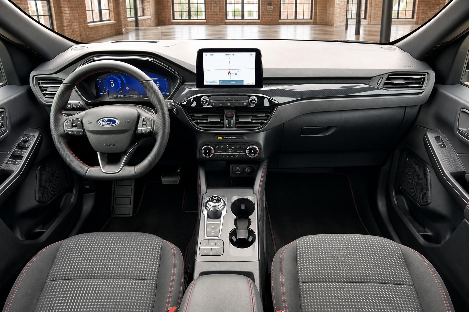 Ford Cockpit Frontansicht mit Lenkrad Navigationsdisplay und Vordersitzen