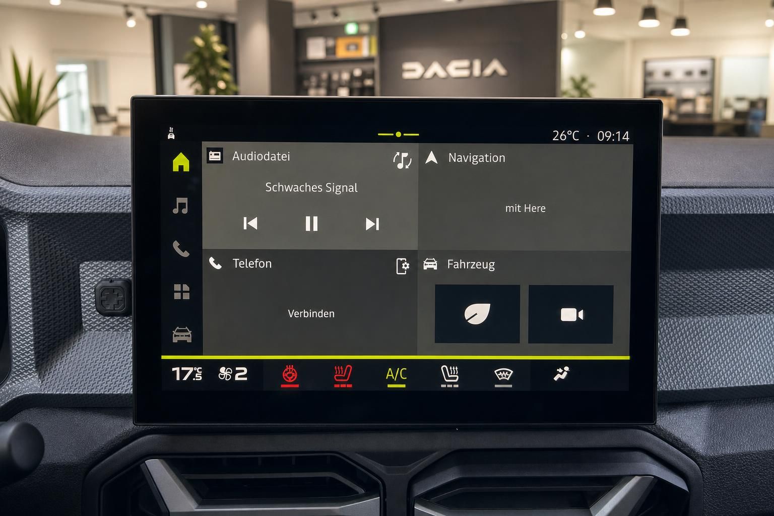 Dacia Infotainment-Bildschirm mit Navigation, Telefon und Klimafunktionen