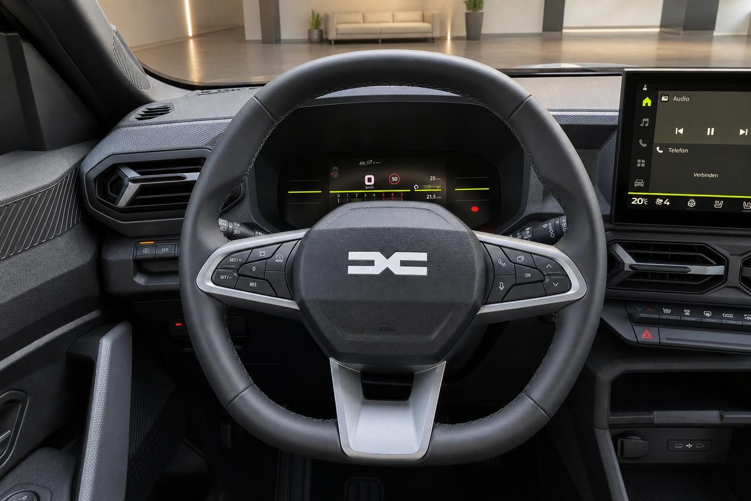 Dacia Lenkrad mit Multifunktionstasten und Digitalcockpit im Innenraum