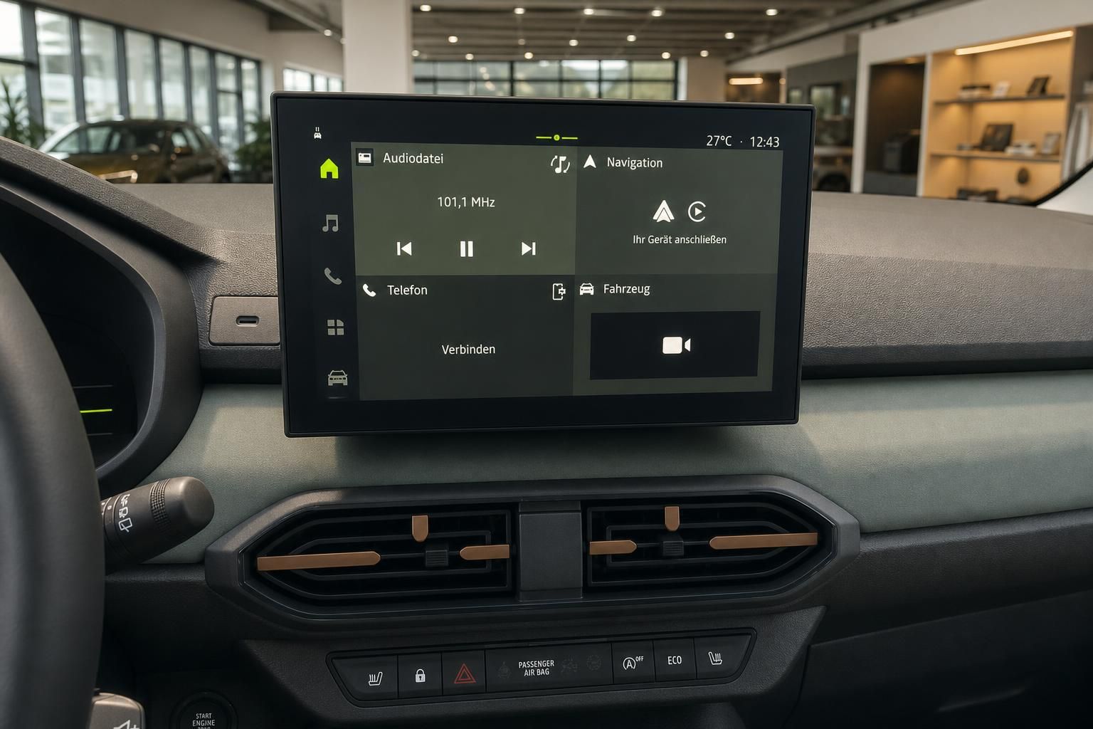 Touchscreen Infotainmentsystem mit Klimaanlage im Dacia Cockpit