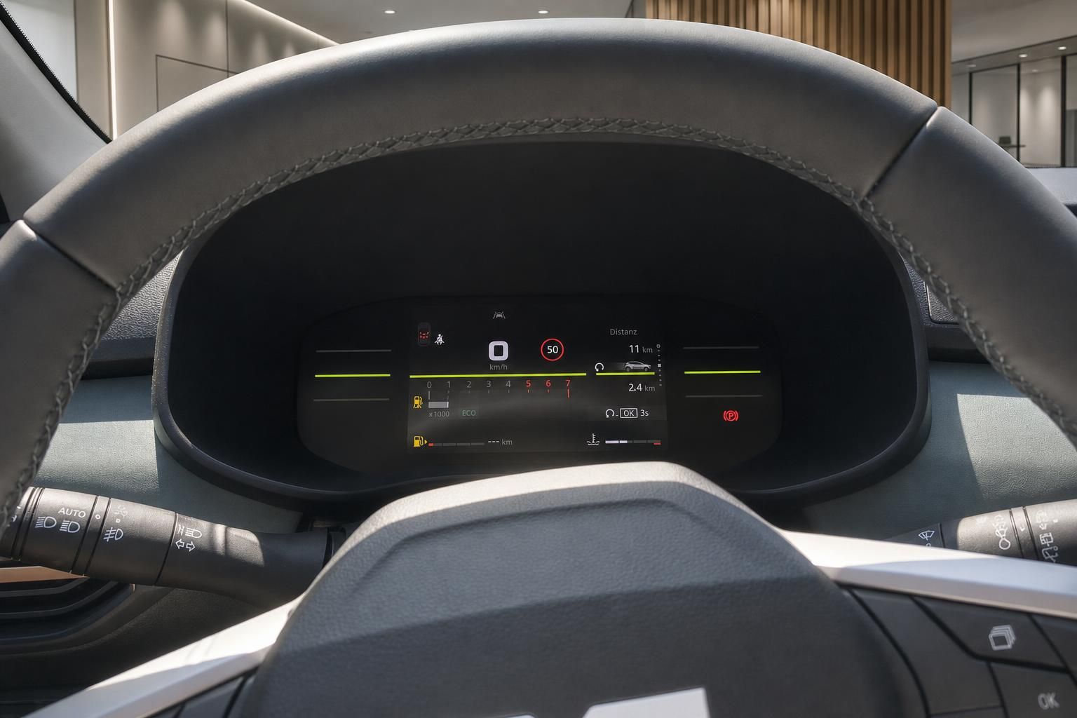 Digitales Kombiinstrument mit Tempo- und Distanzanzeige im Fahrzeug