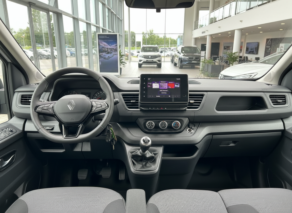 Renault Innenraum mit Lenkrad, Touchscreen-Infotainment und Schaltgetriebe im Autohaus