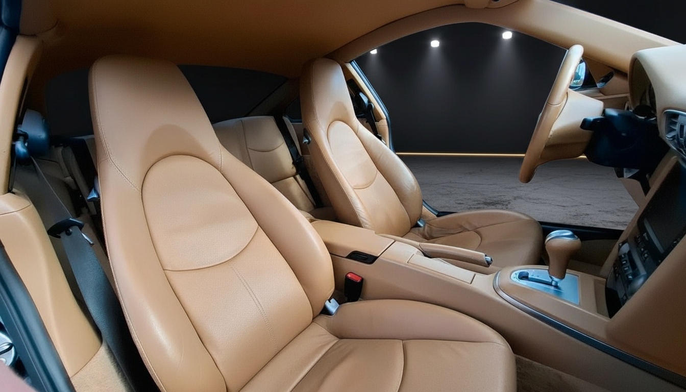 Porsche Innenraum mit cognacfarbenem Leder, Sportsitze und Mittelkonsole in gepflegtem Zustand