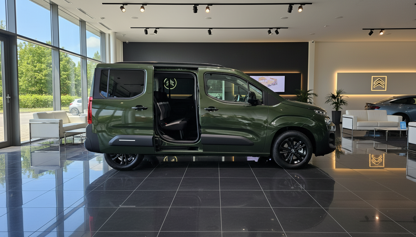 Grüner Peugeot Rifter mit geöffneter Schiebetür im modernen Autohaus-Showroom, Seitenansicht des Familienvans mit schwarzen Felgen und getönten Scheiben