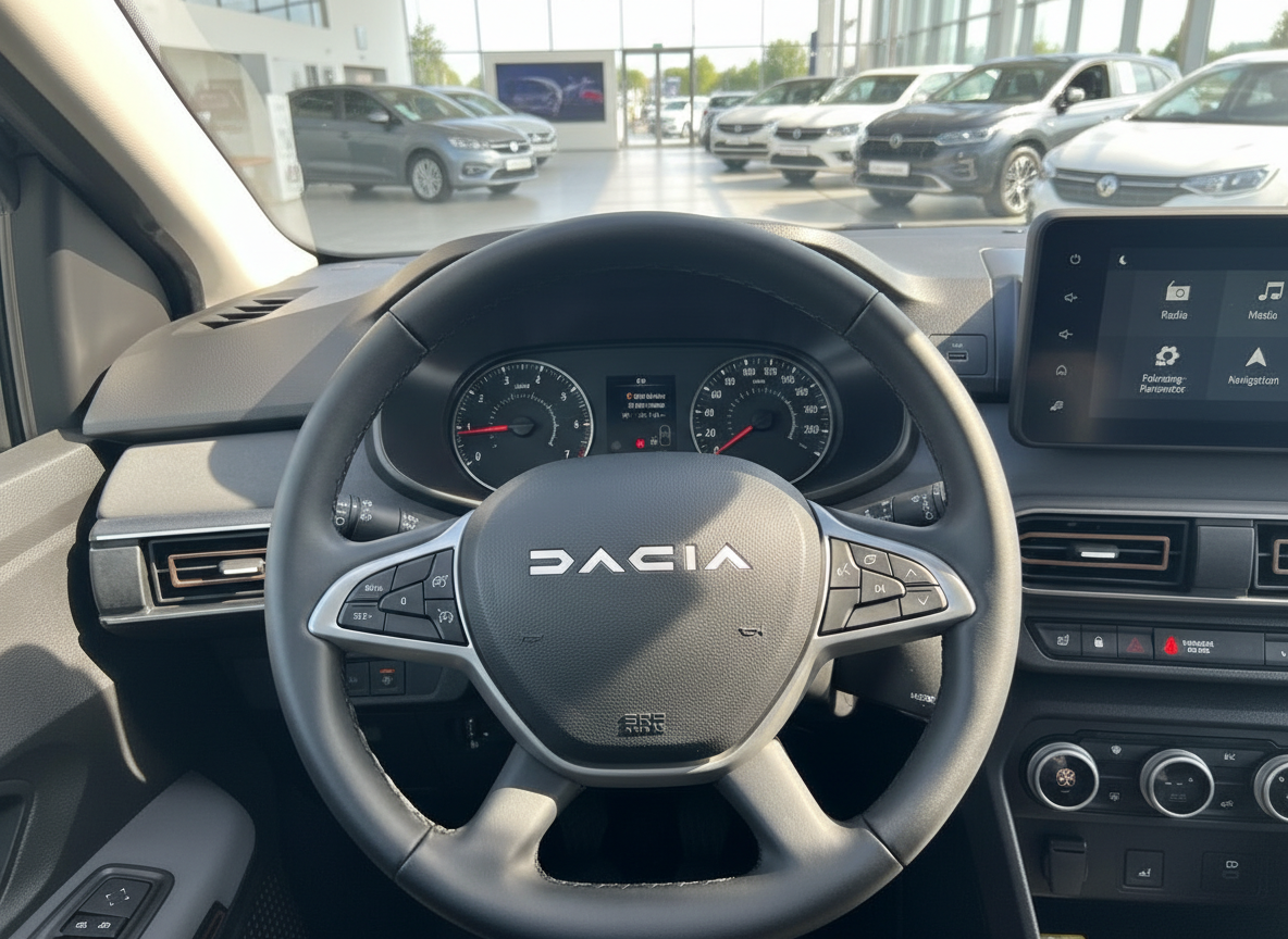 Dacia Innenraum Cockpit mit Lenkrad, Tacho und Infotainment-Display im Autohaus