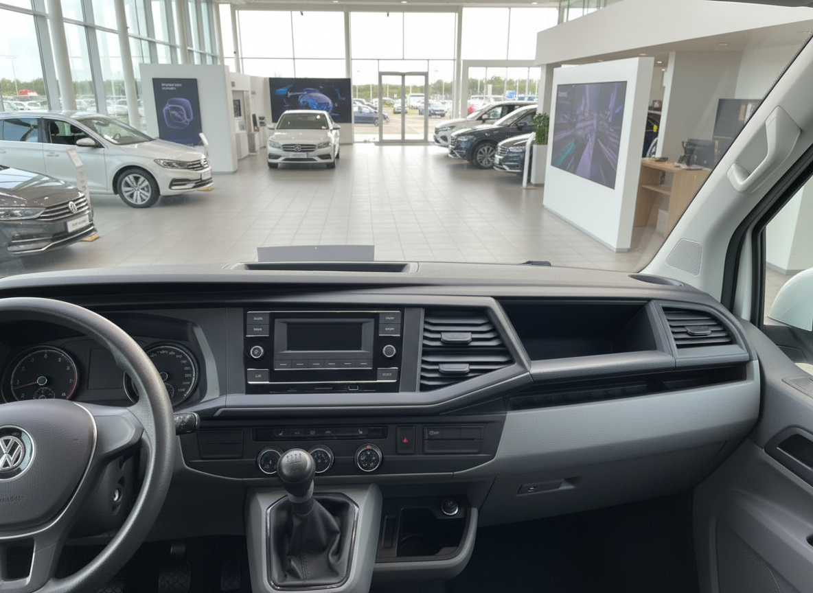 VW Transporter Innenraum mit Cockpit, Schaltgetriebe und Armaturenbrett im VW-Autohaus
