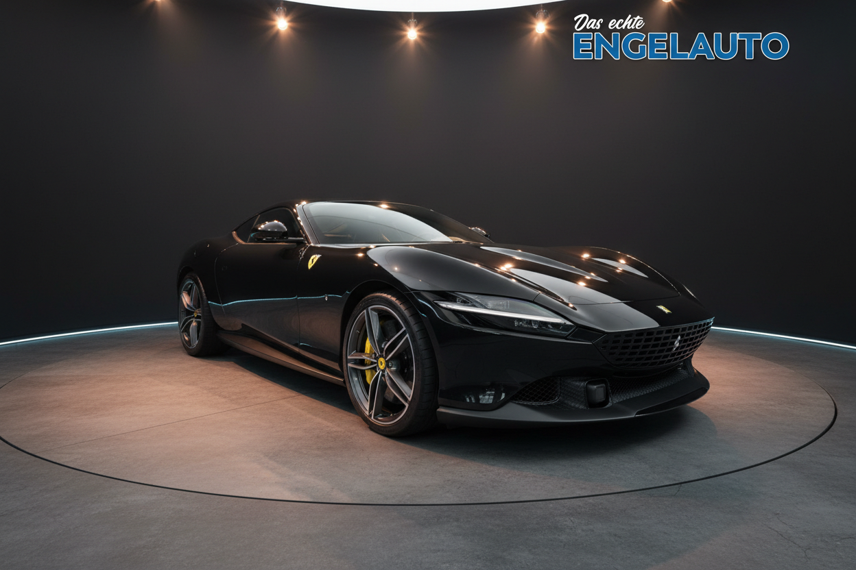 Schwarzer Ferrari Roma Sportwagen in elegantem Showroom mit Spotlight-Beleuchtung bei Engelauto - Luxus Grand Tourer mit charakteristischem Ferrari-Logo und sportlichen Felgen